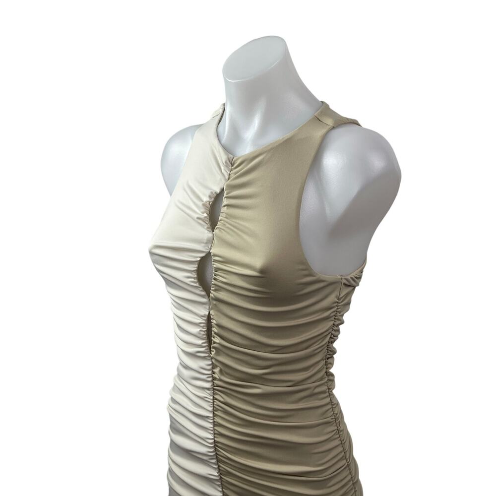 Abercrombie & Fitch Beige Khaki Colorblock Cutout Ruched Mini Bodycon Dress ST - Picture 2 of 7
